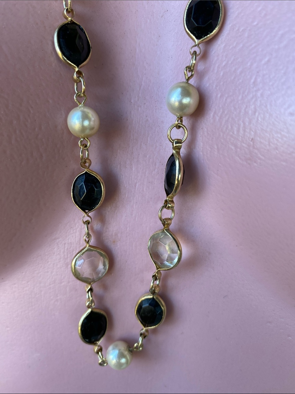 Gold-Tone Necklace with Black Faceted Stones and Pearls